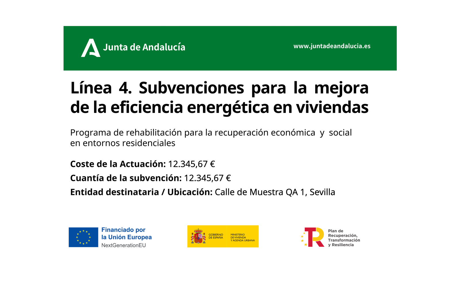 Ejemplo contextual de Cartel de obra Ecovivienda Línea 4 · Eficiencia energética en viviendas (Andalucía)