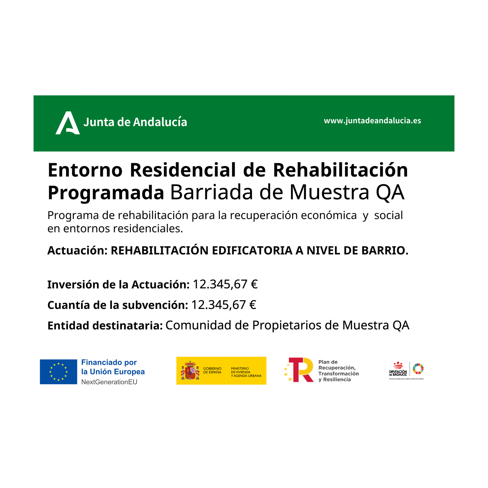 Cartel de obra ERRP Modelo I · Rehabilitación edificatoria a nivel de barrio (Andalucía)
