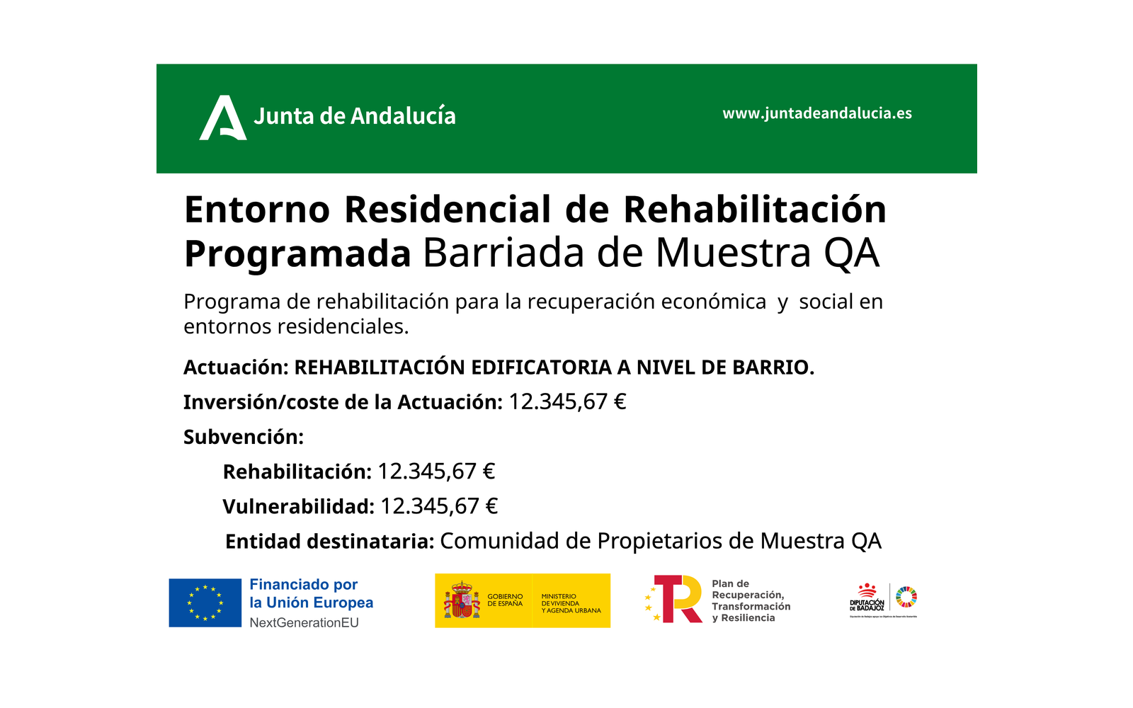 Ejemplo contextual de Cartel de obra ERRP Modelo II · Rehabilitación residencial con vulnerabilidad (Andalucía)