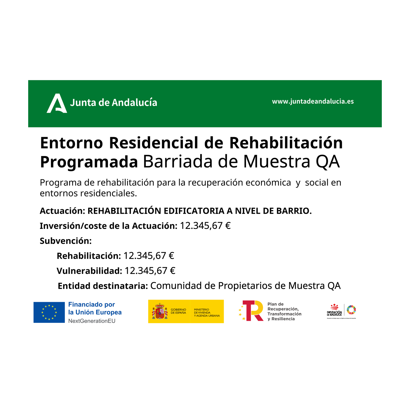 Cartel de obra ERRP Modelo II · Rehabilitación residencial con vulnerabilidad (Andalucía)