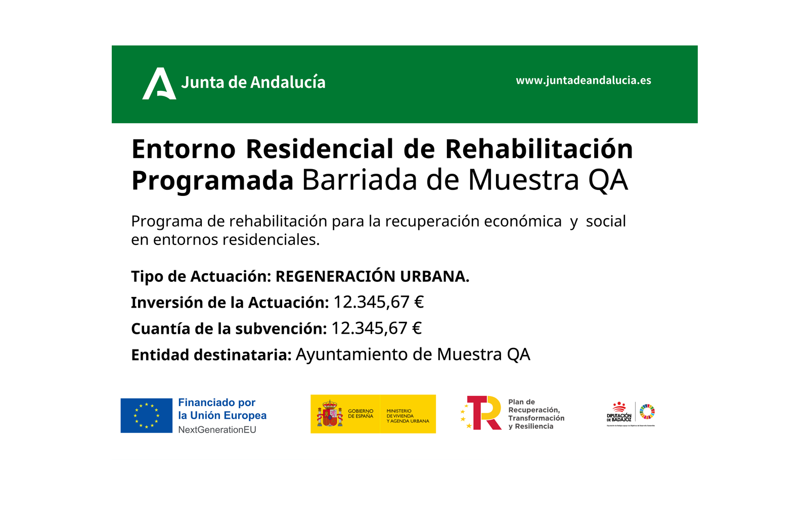Ejemplo contextual de Cartel de obra ERRP Modelo III · Regeneración urbana (Andalucía)