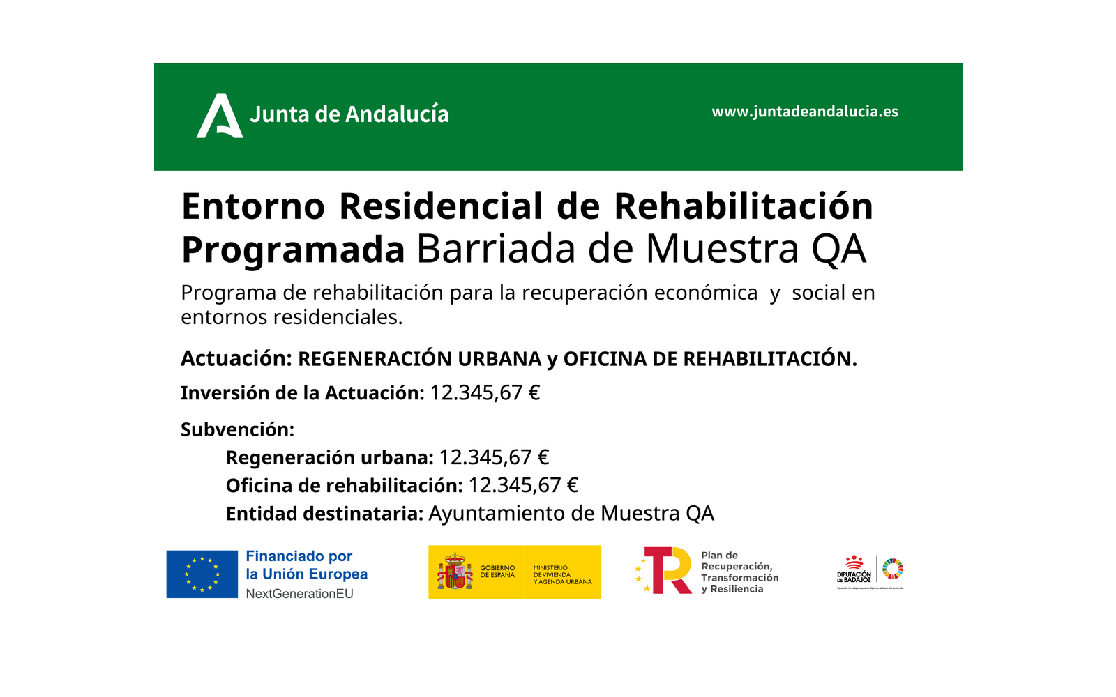 Ejemplo contextual de Cartel de obra ERRP Modelo IV · Regeneración urbana y oficina de rehabilitación (Andalucía)