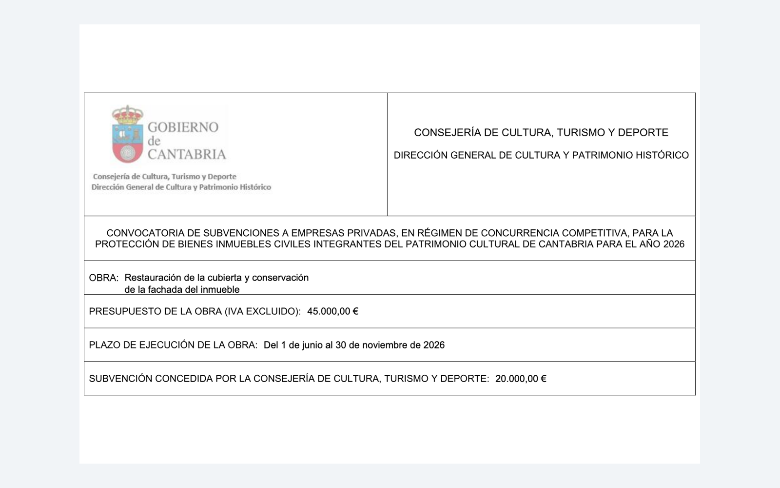 Ejemplo contextual de Cartel patrimonio civil empresas Cantabria 2026