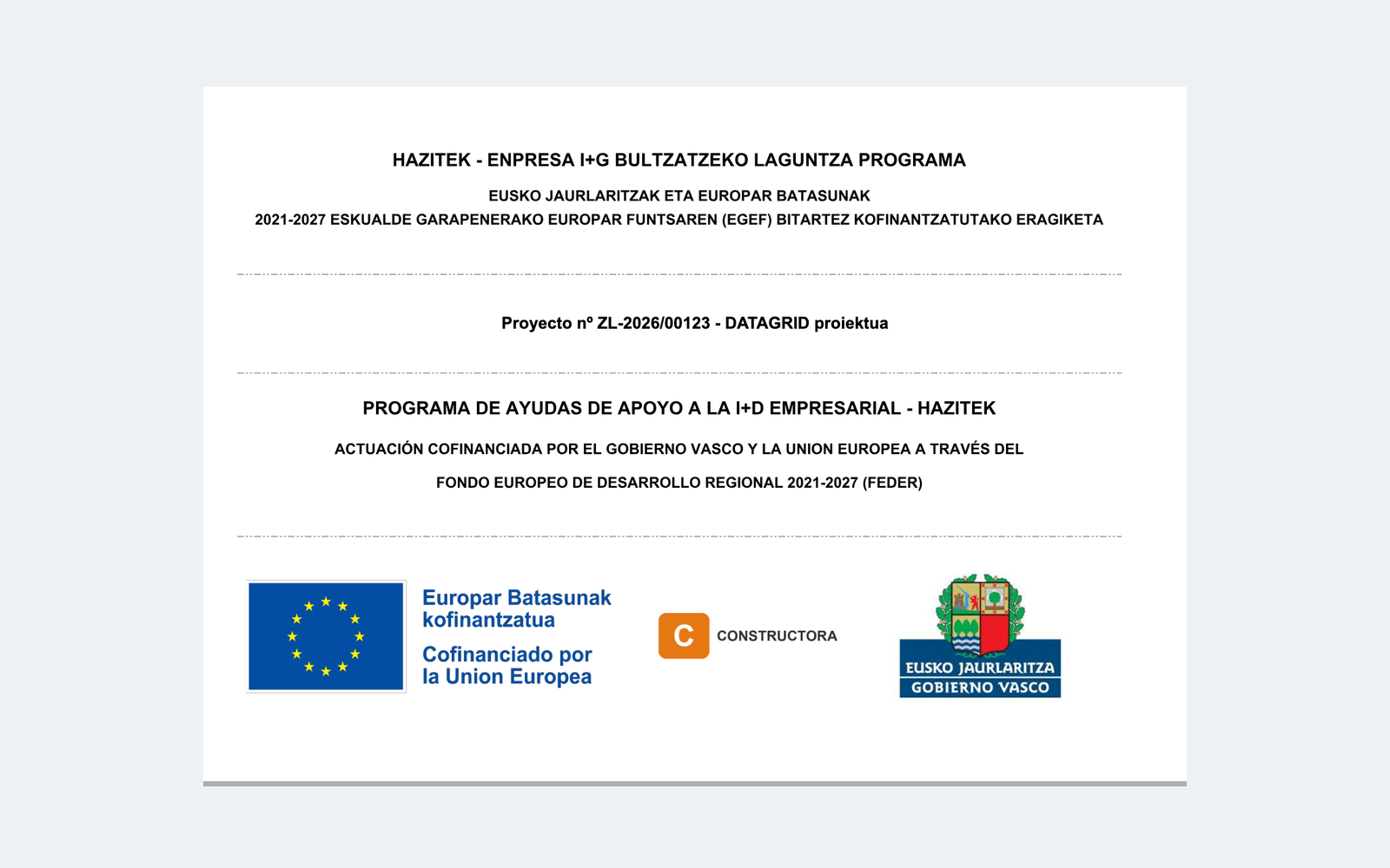 Ejemplo contextual de Cartel A3 Hazitek 2026 · Gobierno Vasco y FEDER