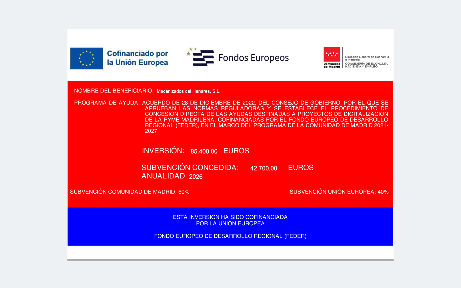 Ejemplo contextual de Cartel A3 de las ayudas a la digitalización de la pyme madrileña (FEDER)