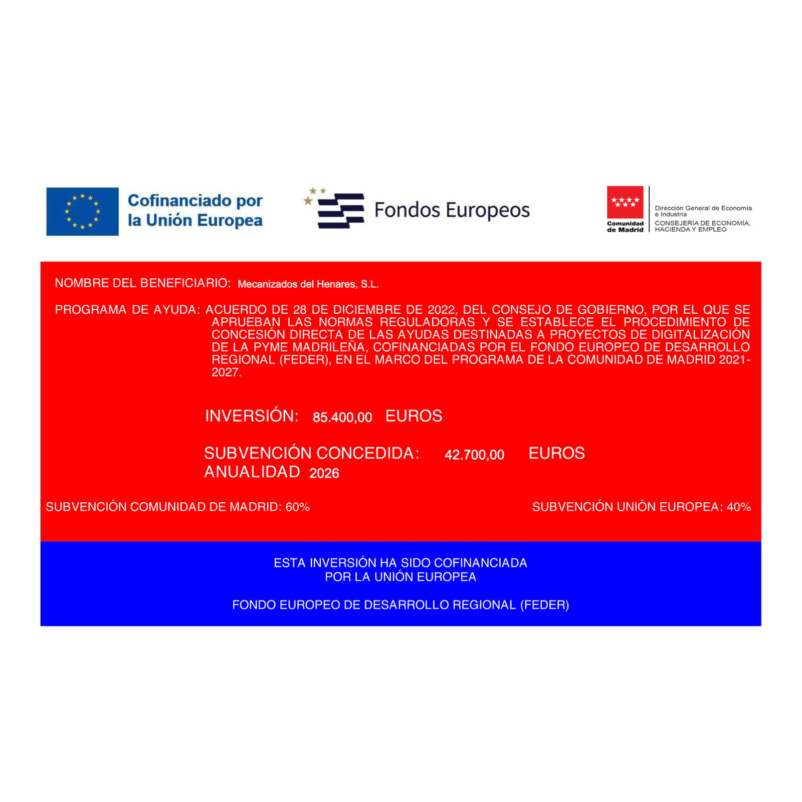Cartel A3 de las ayudas a la digitalización de la pyme madrileña (FEDER)