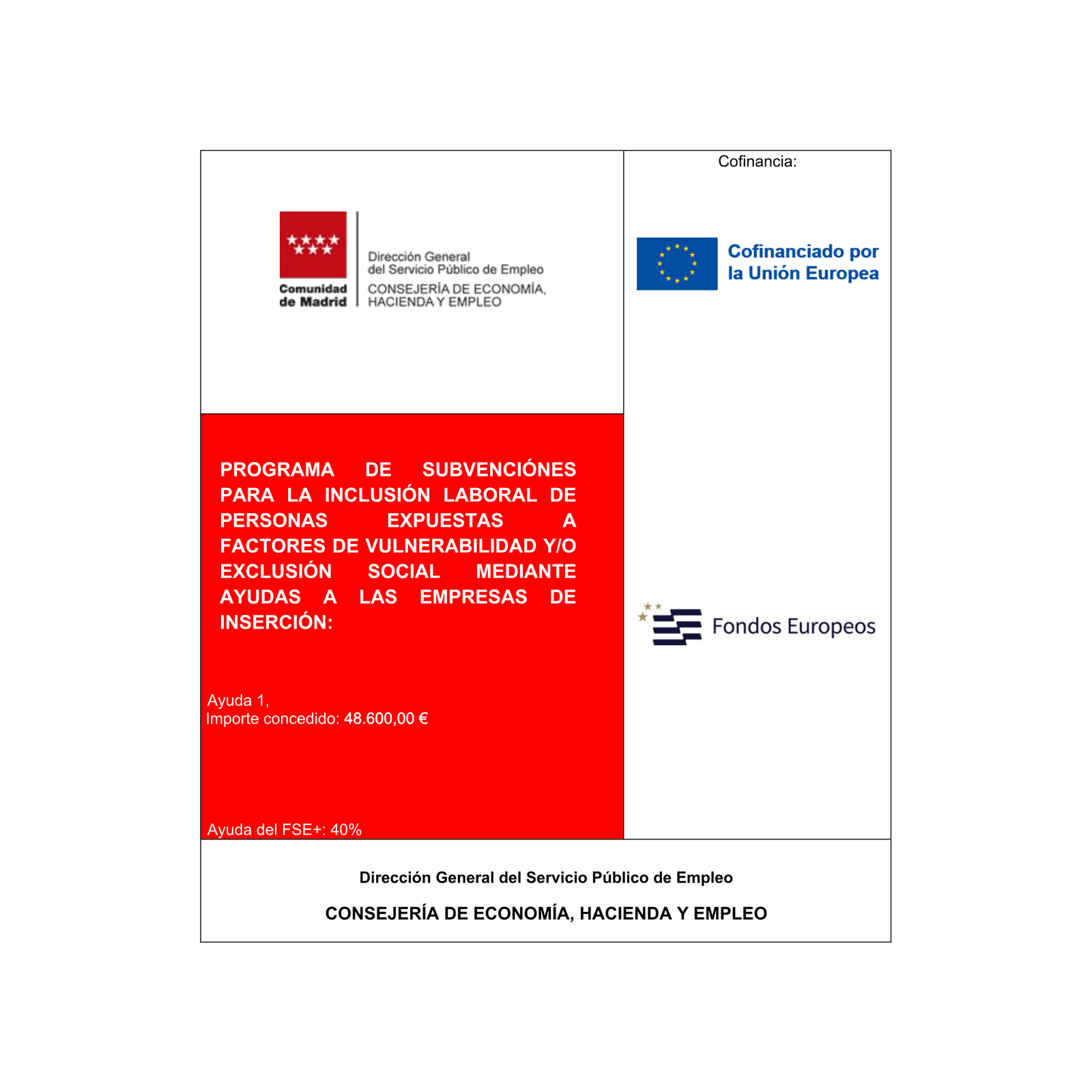 Cartel A3 de empresas de inserción · Ayuda 1 (Comunidad de Madrid 2026)