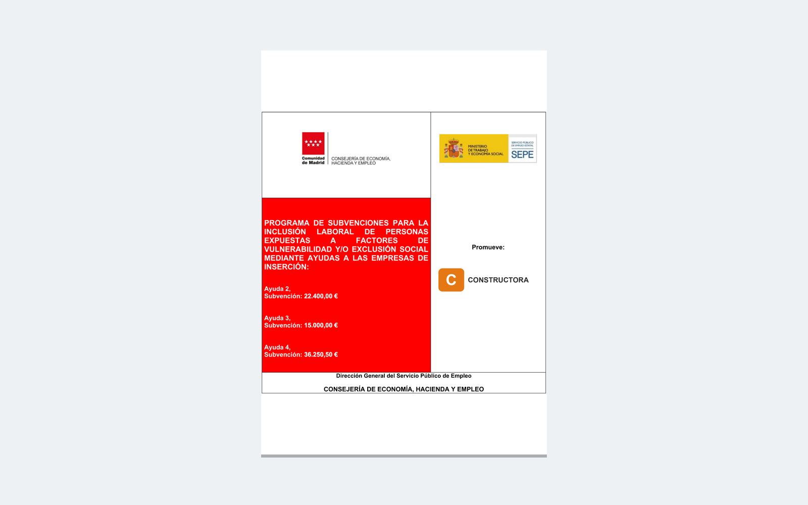 Ejemplo contextual de Cartel A3 de empresas de inserción · Ayudas 2, 3 y 4 (Comunidad de Madrid 2026)