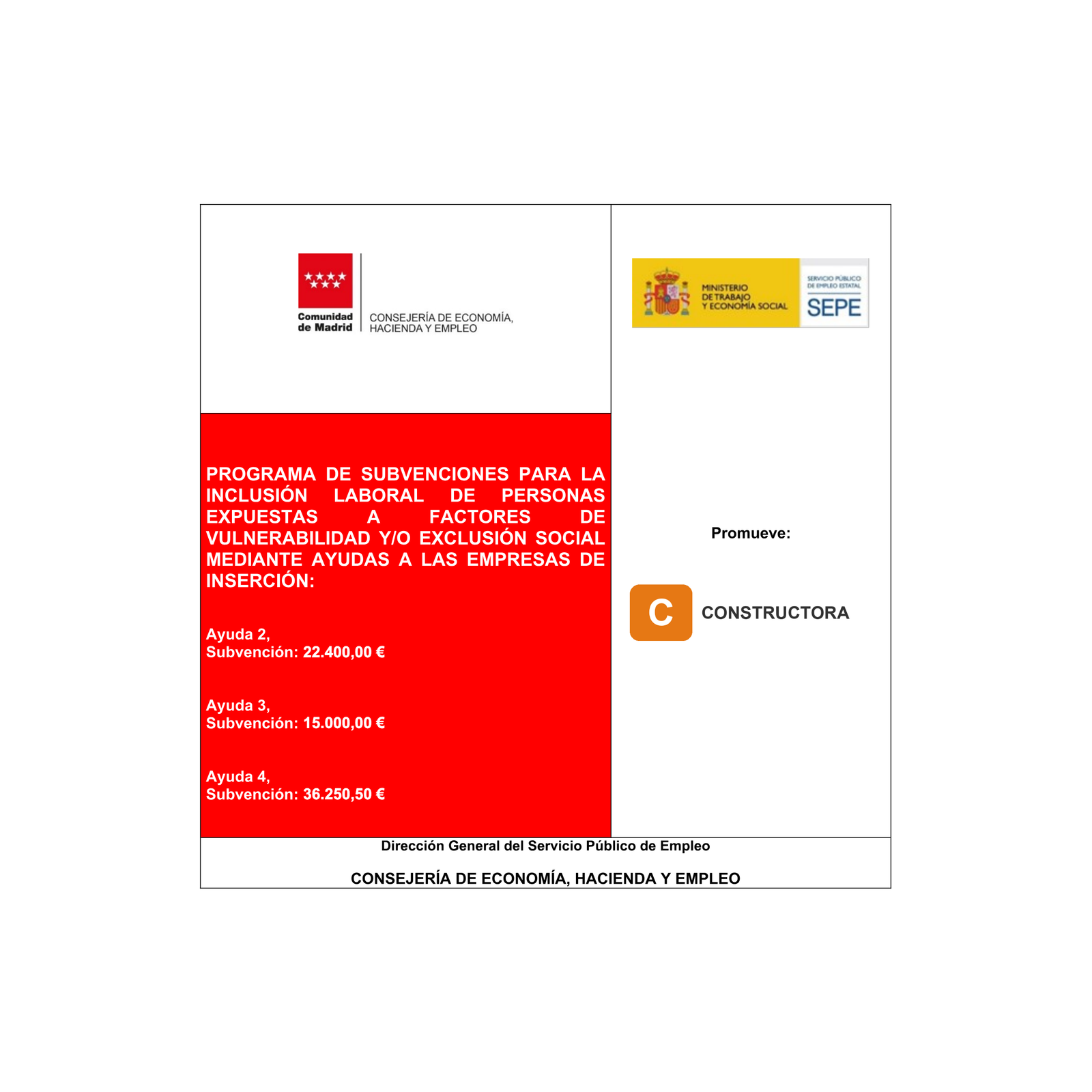 Cartel A3 de empresas de inserción · Ayudas 2, 3 y 4 (Comunidad de Madrid 2026)