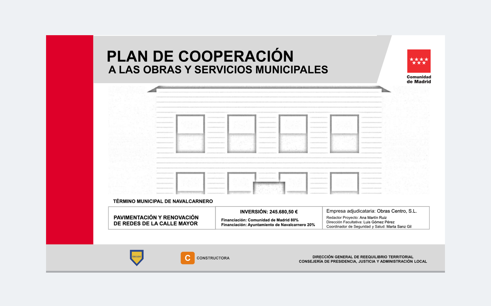 Ejemplo contextual de Cartel del Plan de Cooperación a las Obras y Servicios 2026-2027 de la Comunidad de Madrid