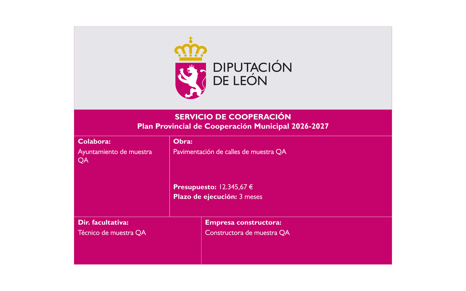 Ejemplo contextual de Cartel de obra Plan de Cooperación Municipal · Diputación de León
