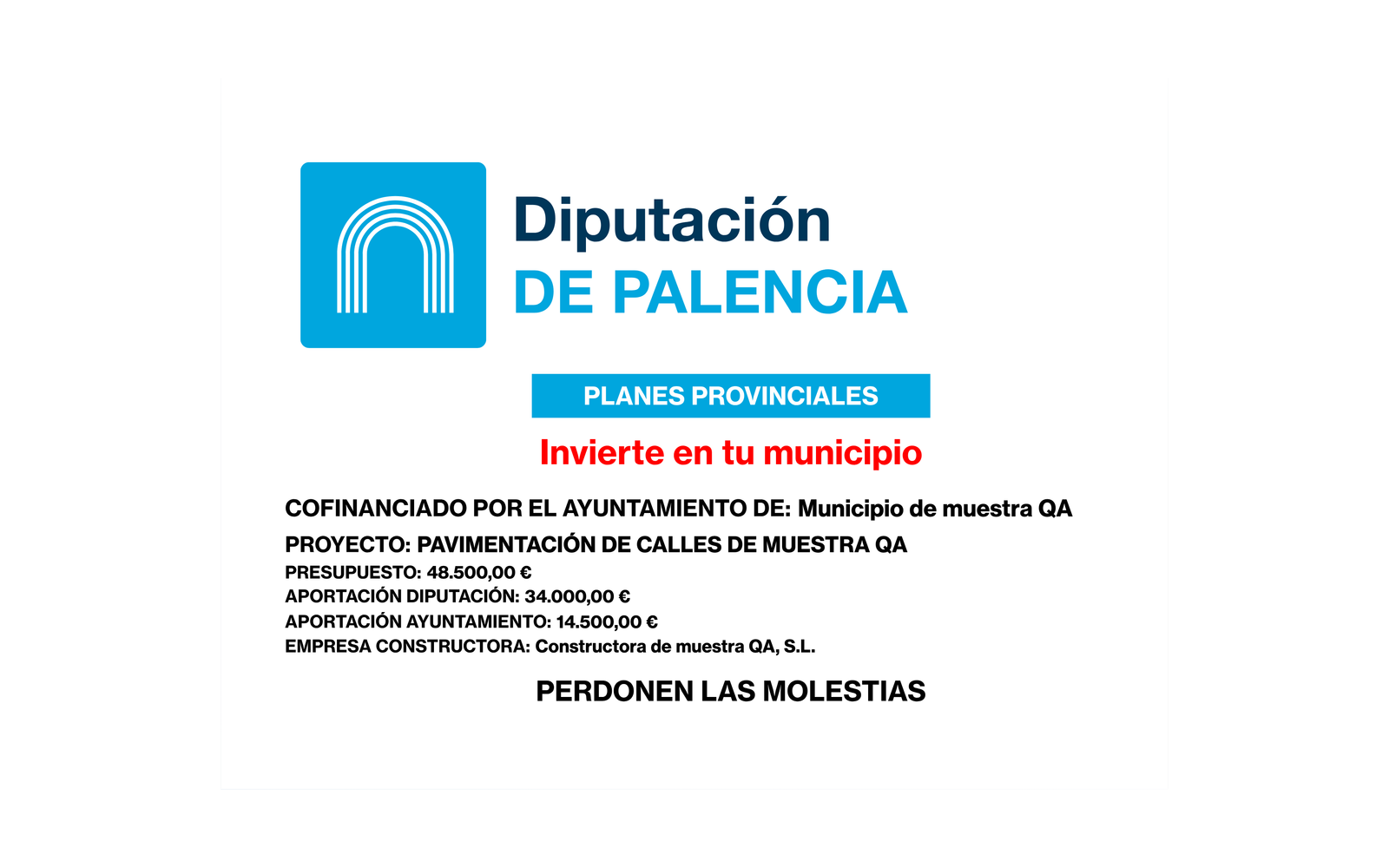 Ejemplo contextual de Cartel de obra Planes Provinciales 2026, Palencia