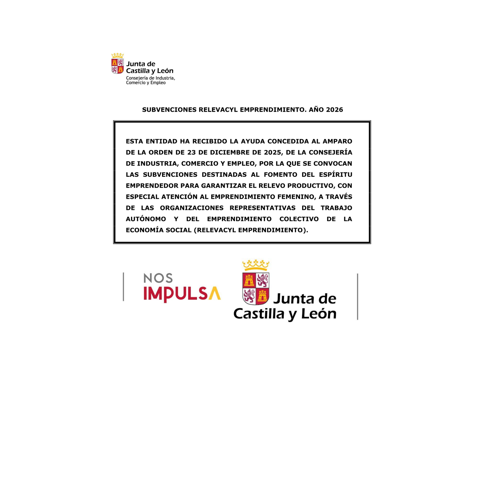 Cartel RELEVACyL Emprendimiento 2026 de Castilla y León