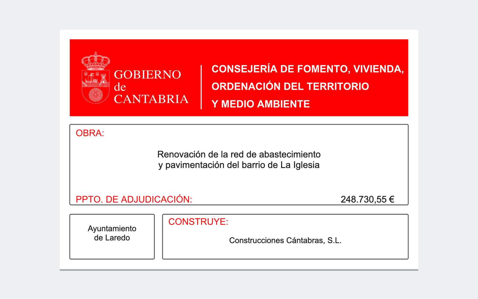 Ejemplo contextual de Cartel de obra del Plan de Inversiones Municipales de Cantabria 2025-2029