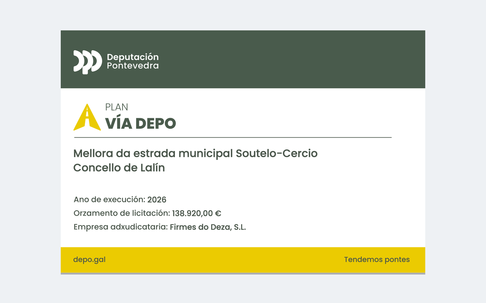 Ejemplo contextual de Cartel de obra do Plan Vía Depo · Deputación de Pontevedra