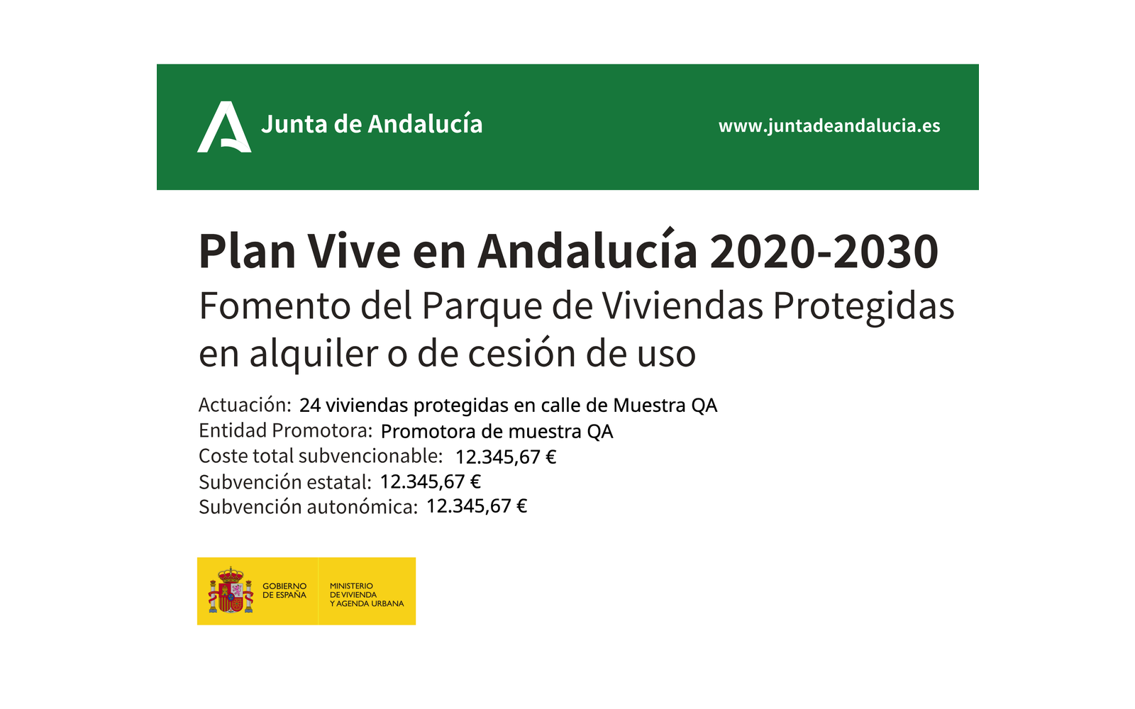 Ejemplo contextual de Cartel de obra Fomento del Parque de Viviendas Protegidas en alquiler Andalucía