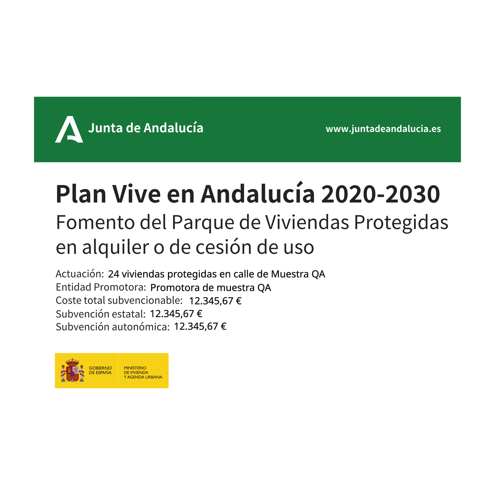 Cartel de obra Fomento del Parque de Viviendas Protegidas en alquiler Andalucía