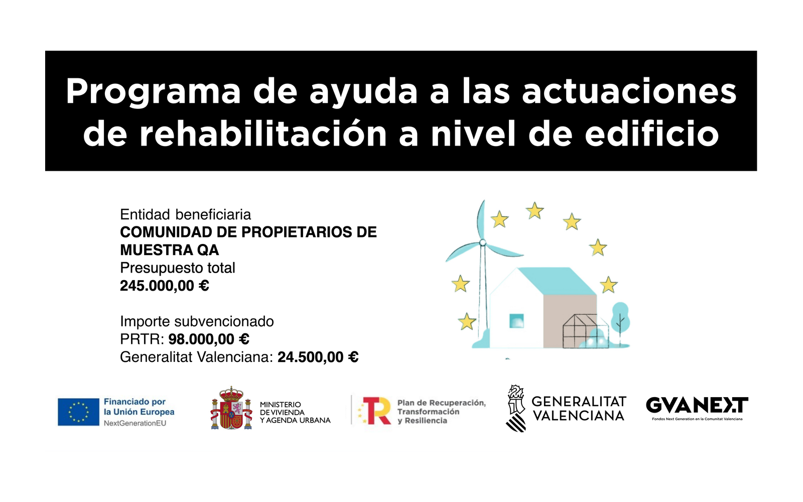 Ejemplo contextual de Placa de final de obra de las ayudas de rehabilitación de edificios (Programa 3 PRTR, Generalitat Valenciana)