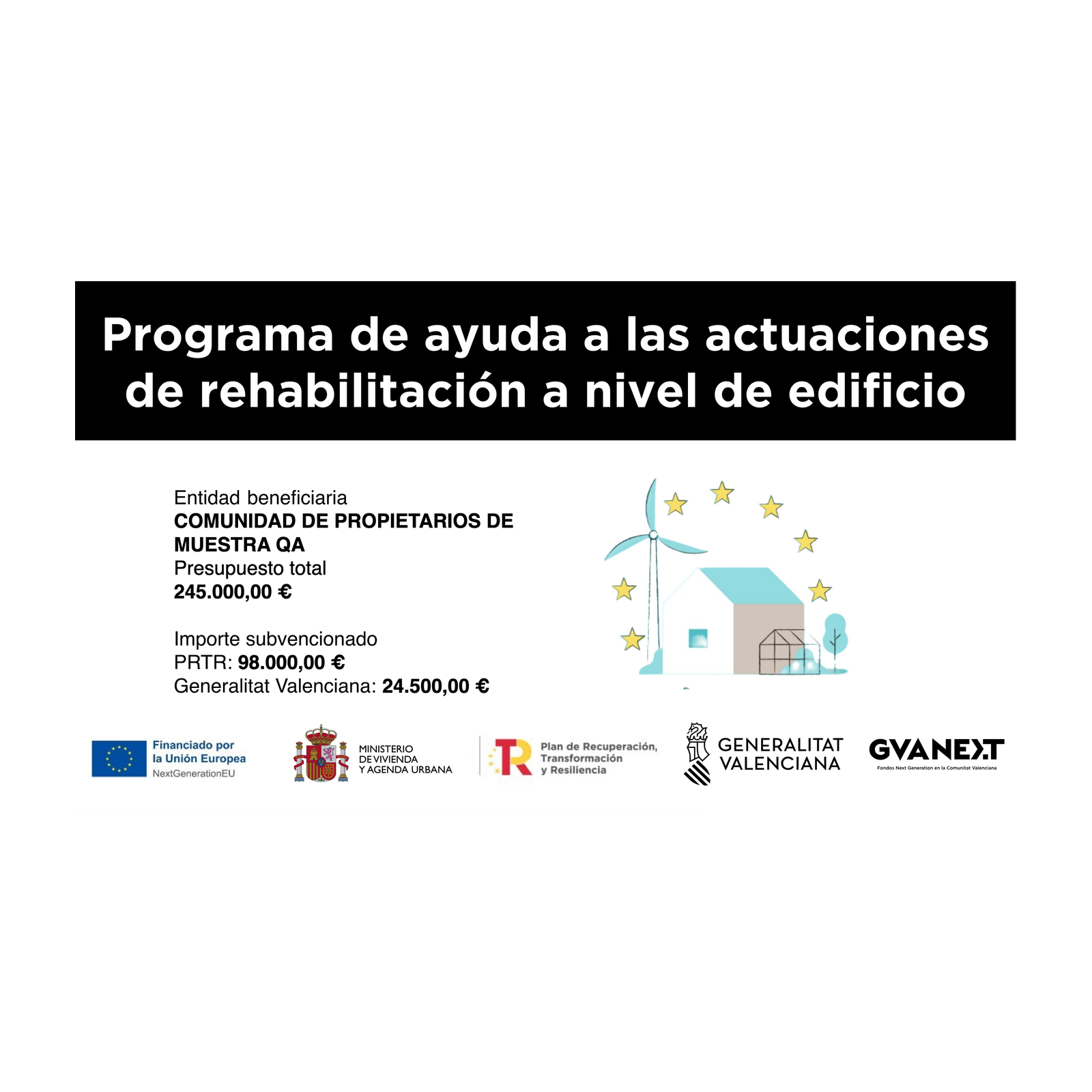 Placa de final de obra de las ayudas de rehabilitación de edificios (Programa 3 PRTR, Generalitat Valenciana)