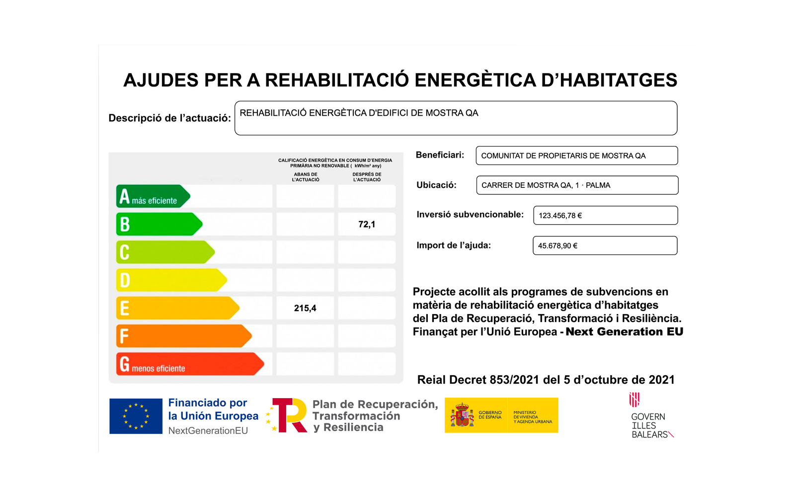 Ejemplo contextual de Cartell d'obra de les ajudes de rehabilitació energètica d'edificis (Programa 3 PRTR, Illes Balears)