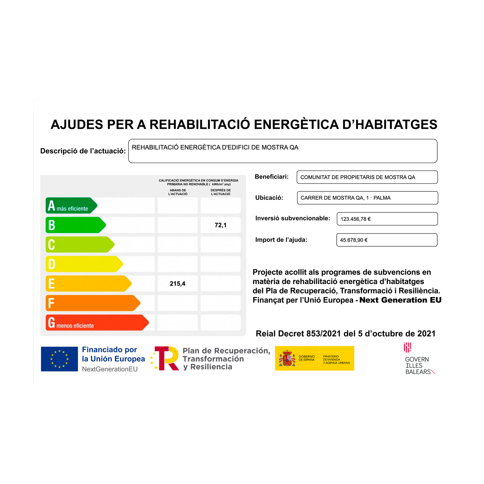 Cartell d'obra de les ajudes de rehabilitació energètica d'edificis (Programa 3 PRTR, Illes Balears)