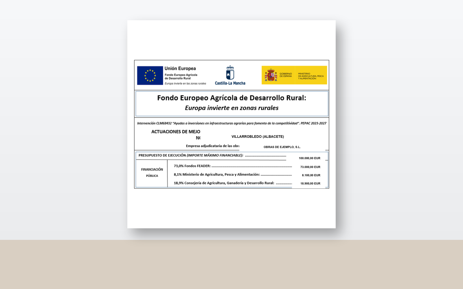 Ejemplo contextual de Cartel de mejora de caminos rurales 2026
